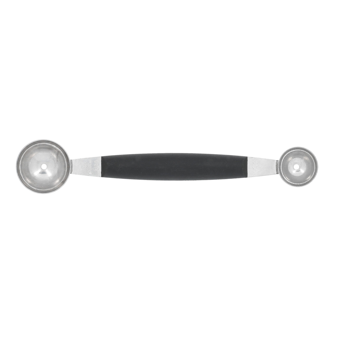 Cuillère parisienne double en inox avec deux diamètres et manche noir, pour réaliser des billes de fruits et légumes