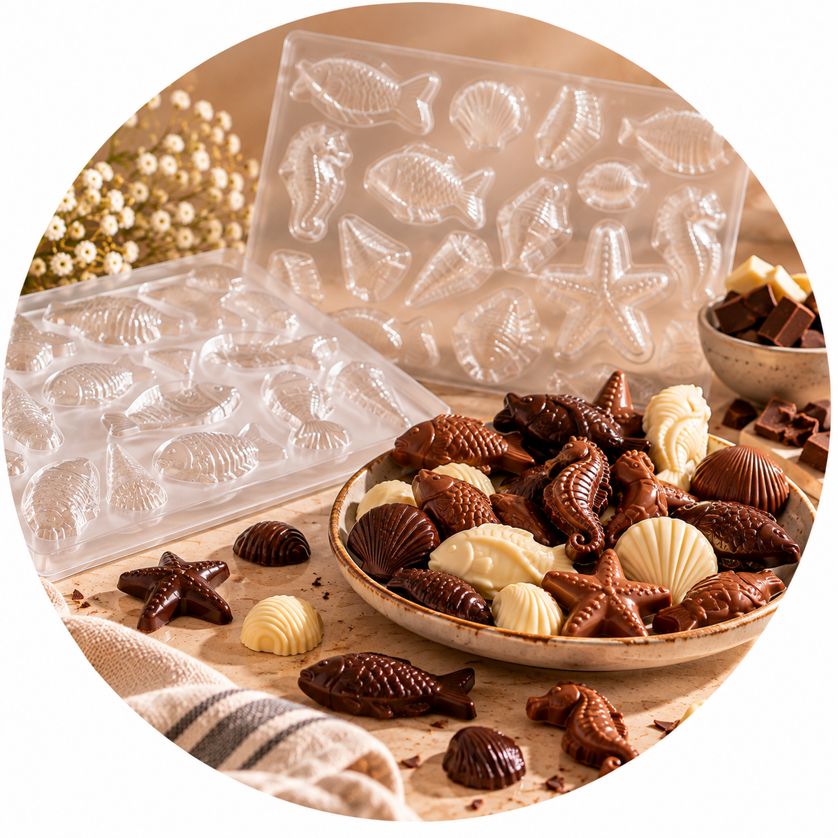 moules transparents à fritures en chocolat avec créations en chocolats noir, blanc et lait