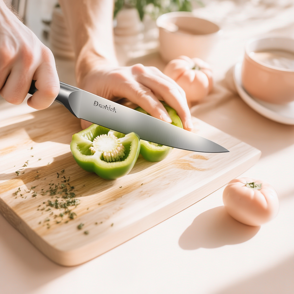 Couteau de cuisine découpant un poivron vert sur une planche en bois