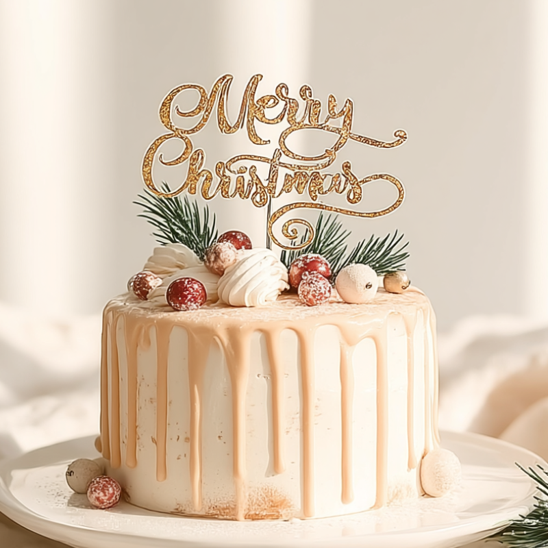 Gâteau de Noël décoré avec topper « Merry Christmas » doré