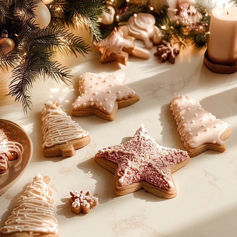 Biscuits de Noël décorés en forme de sapins et d’étoiles
