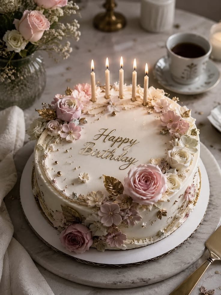Gâteau d’anniversaire fleuri avec bougies et décoration rose et dorée