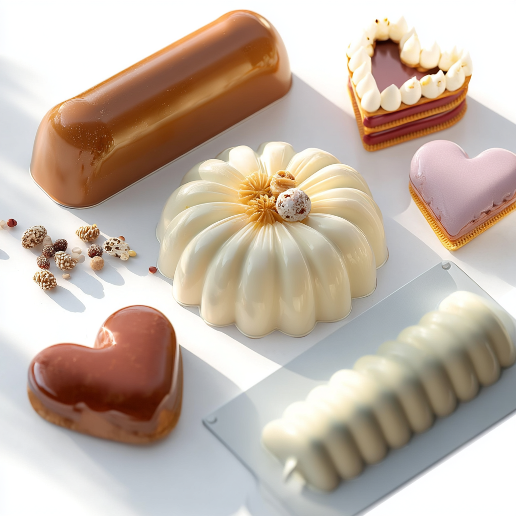 Entremets et pâtisseries aux formes variées avec glaçage brillant