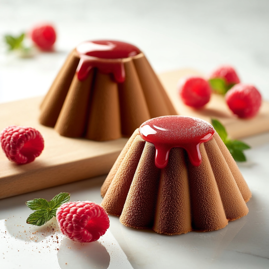Entremets individuels au chocolat avec coulis de framboise