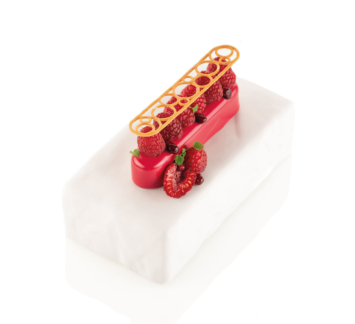 Décor pâtisserie oblong motif bulles sur entremets framboise
