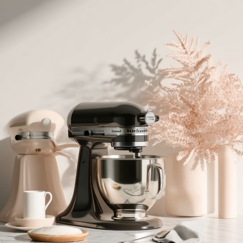 Robots pâtissiers avec bols en inox sur plan de travail