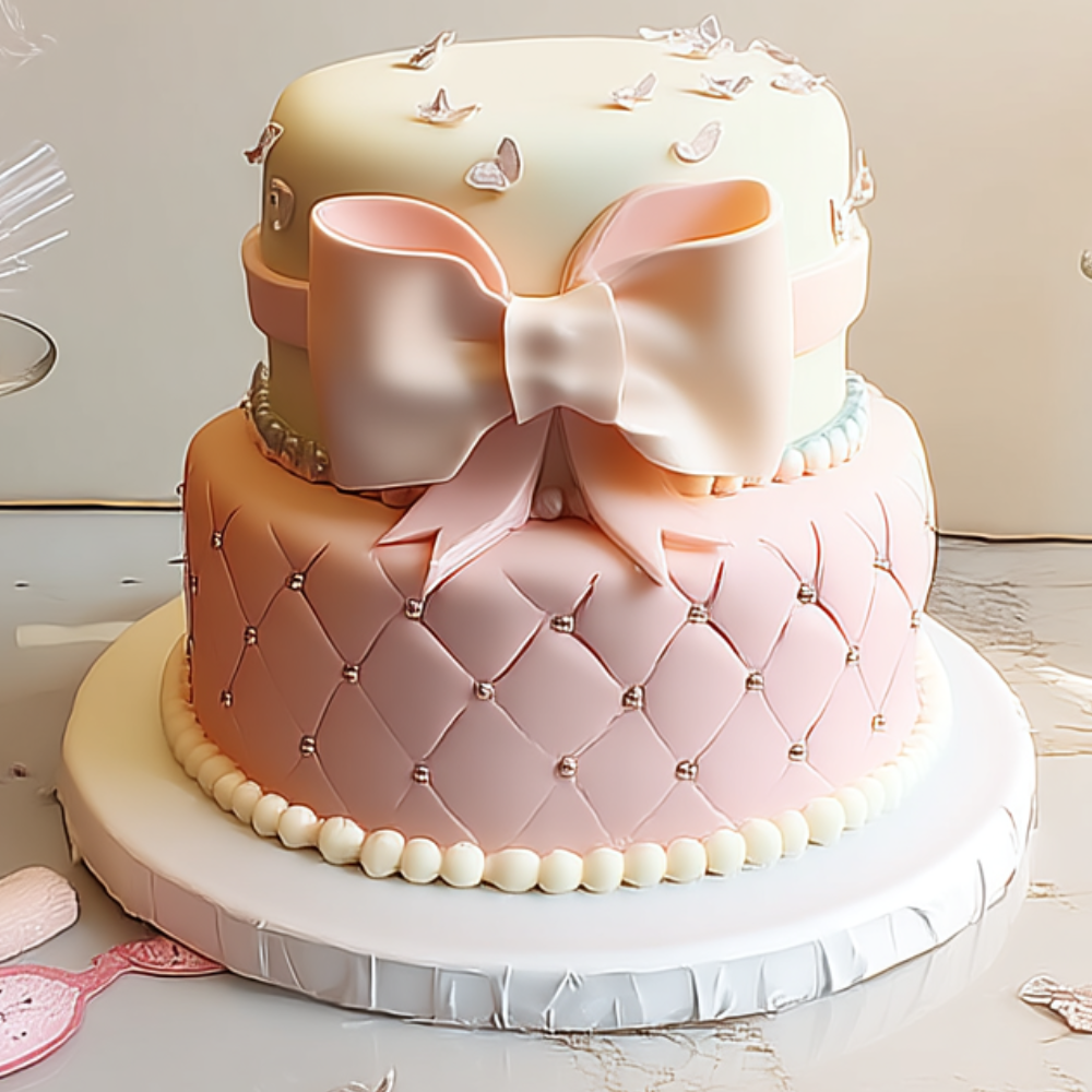 Gâteau à étages rose et blanc décoré d’un grand nœud en sucre