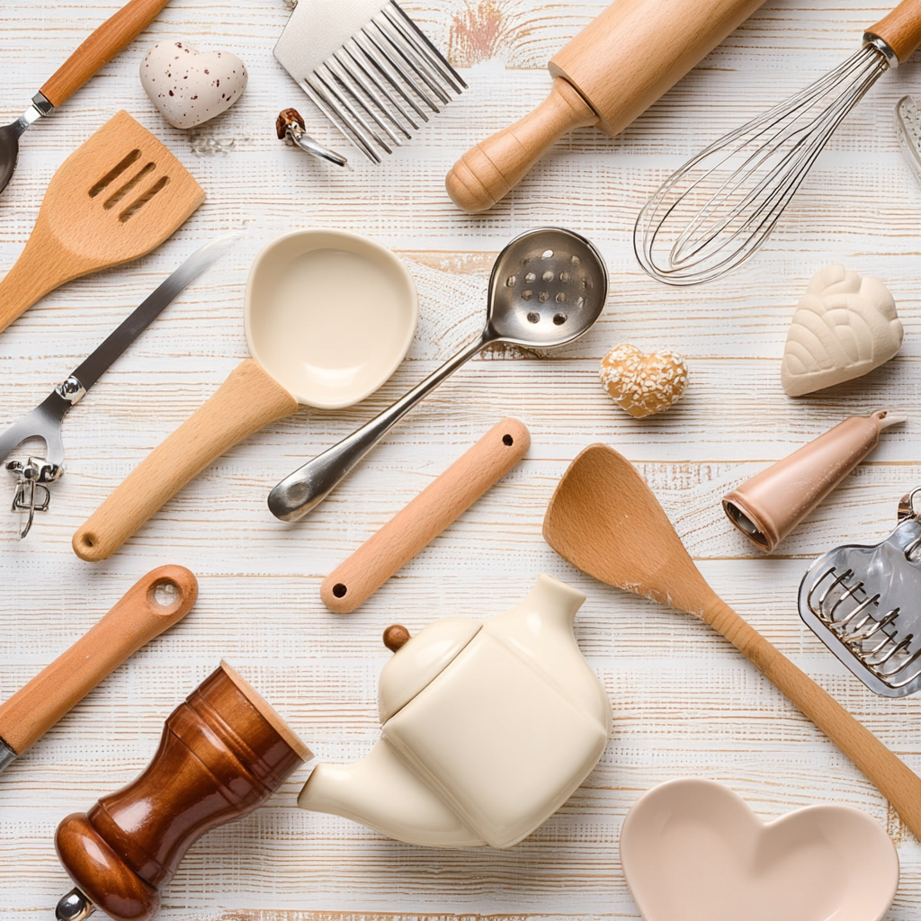 Assortiment d’ustensiles de cuisine et de pâtisserie en bois et inox