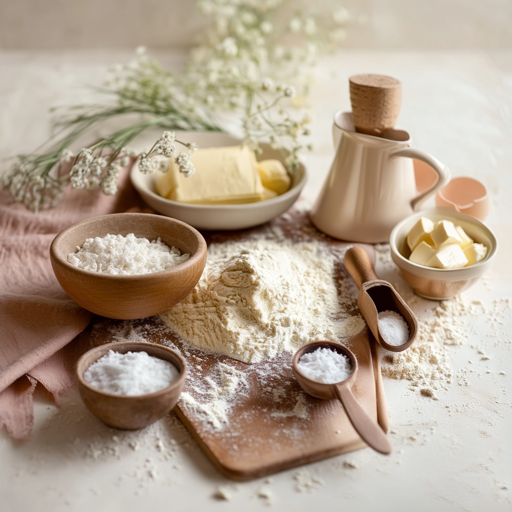 Ingrédients de pâtisserie avec farine, beurre, sucre et ustensiles en bois