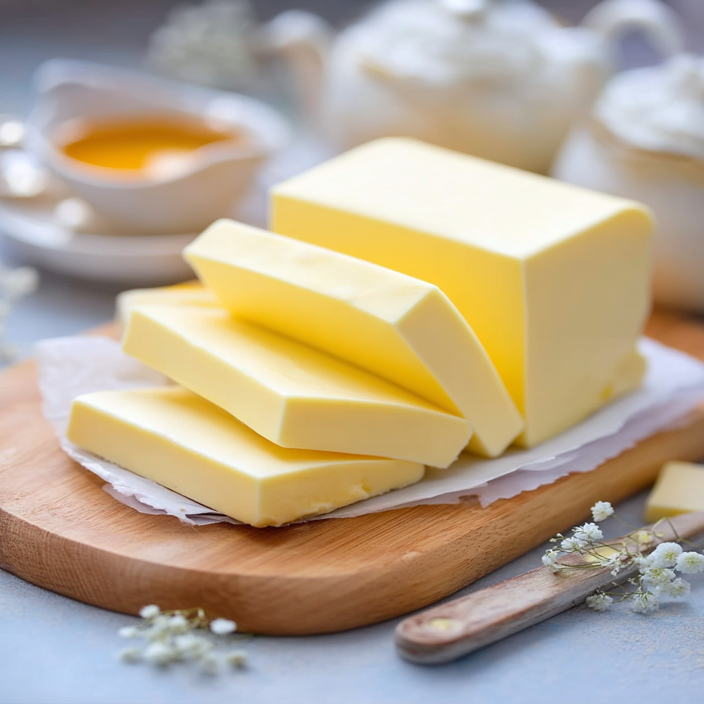 Beurre pâtissier en bloc et tranches sur planche en bois