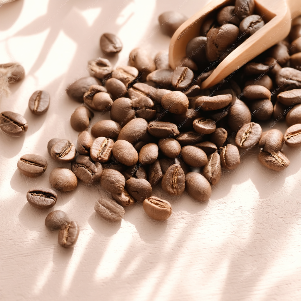 Grains de café torréfiés avec pelle en bois