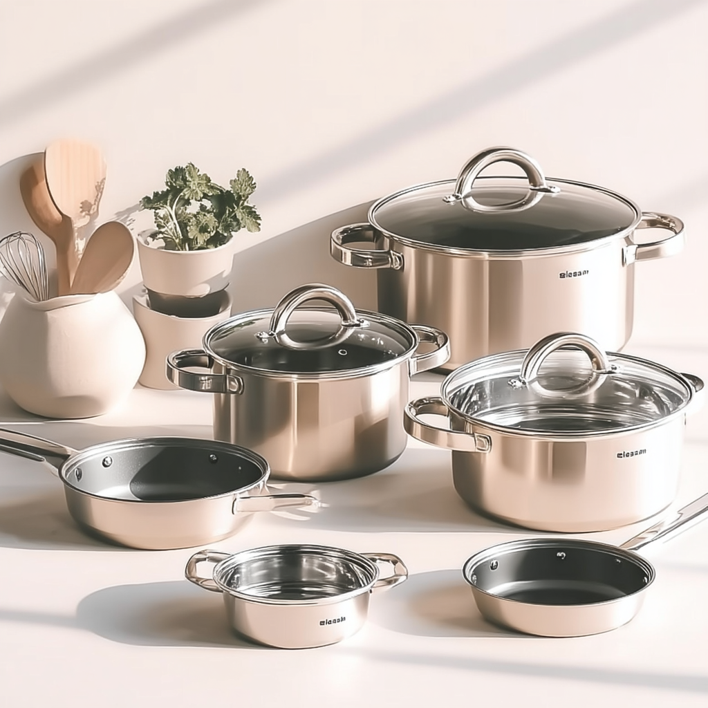 ensemble de casseroles en inox dans une cuisine