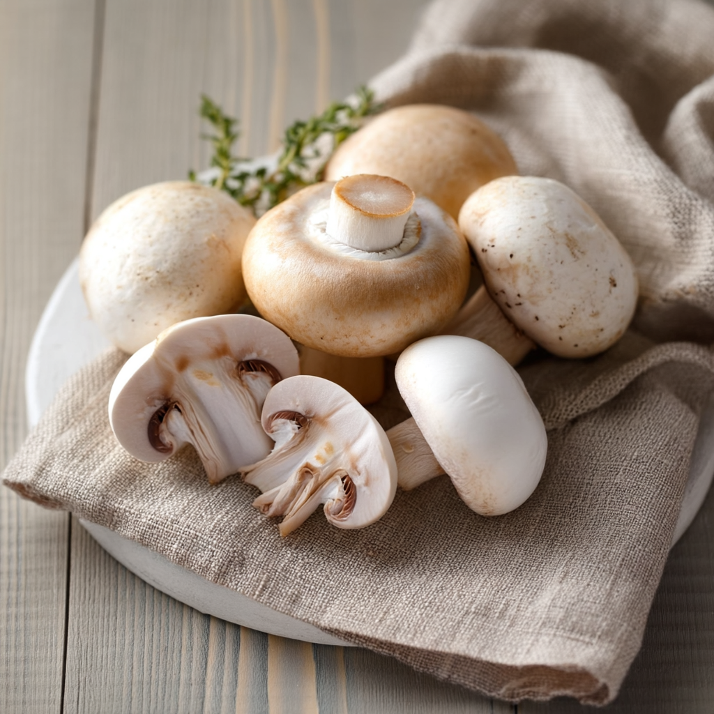 Champignons de Paris frais entiers et coupés en deux