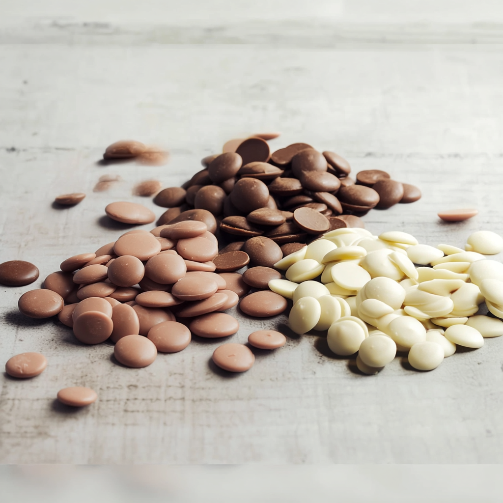 Chocolat en pistoles blanc, au lait et noir pour pâtisserie et chocolaterie