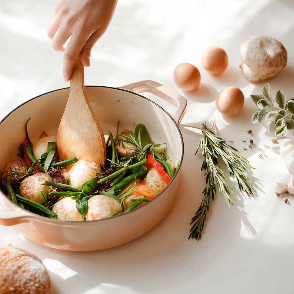 Cocotte avec légumes, champignons et herbes aromatiques