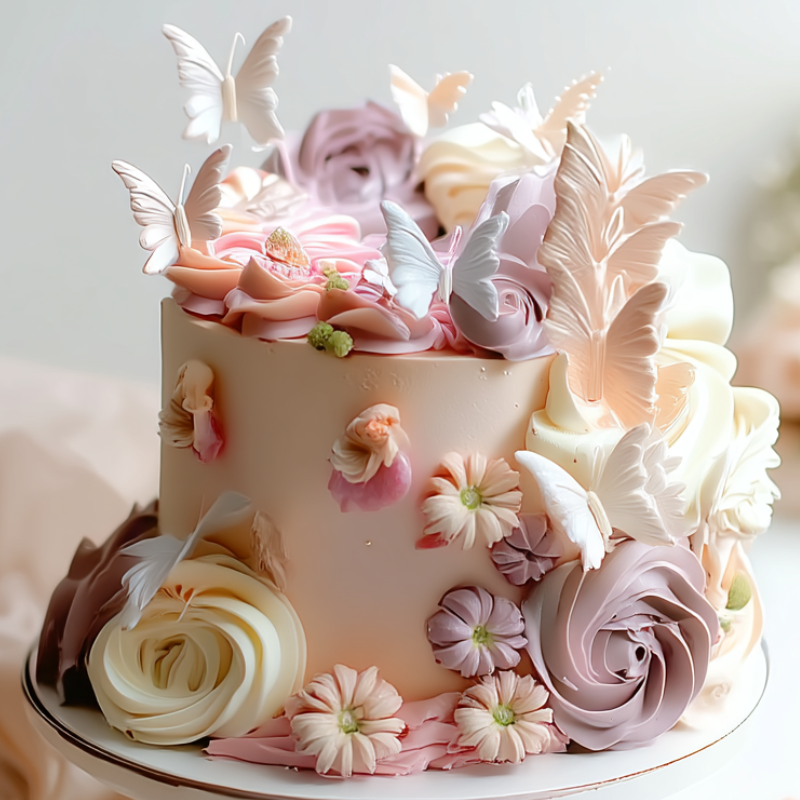 Gâteau décoré de fleurs et papillons en sucre dans des tons pastel