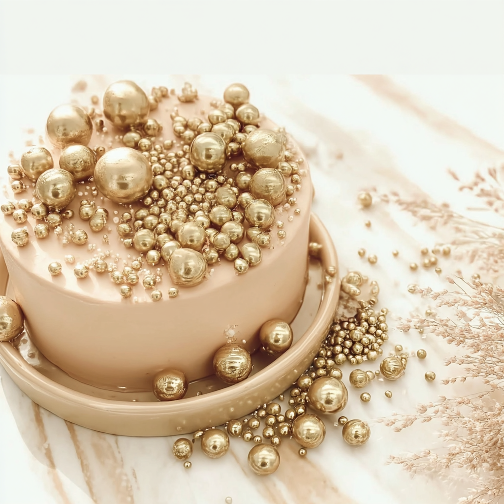 Gâteau décoré de perles dorées de différentes tailles