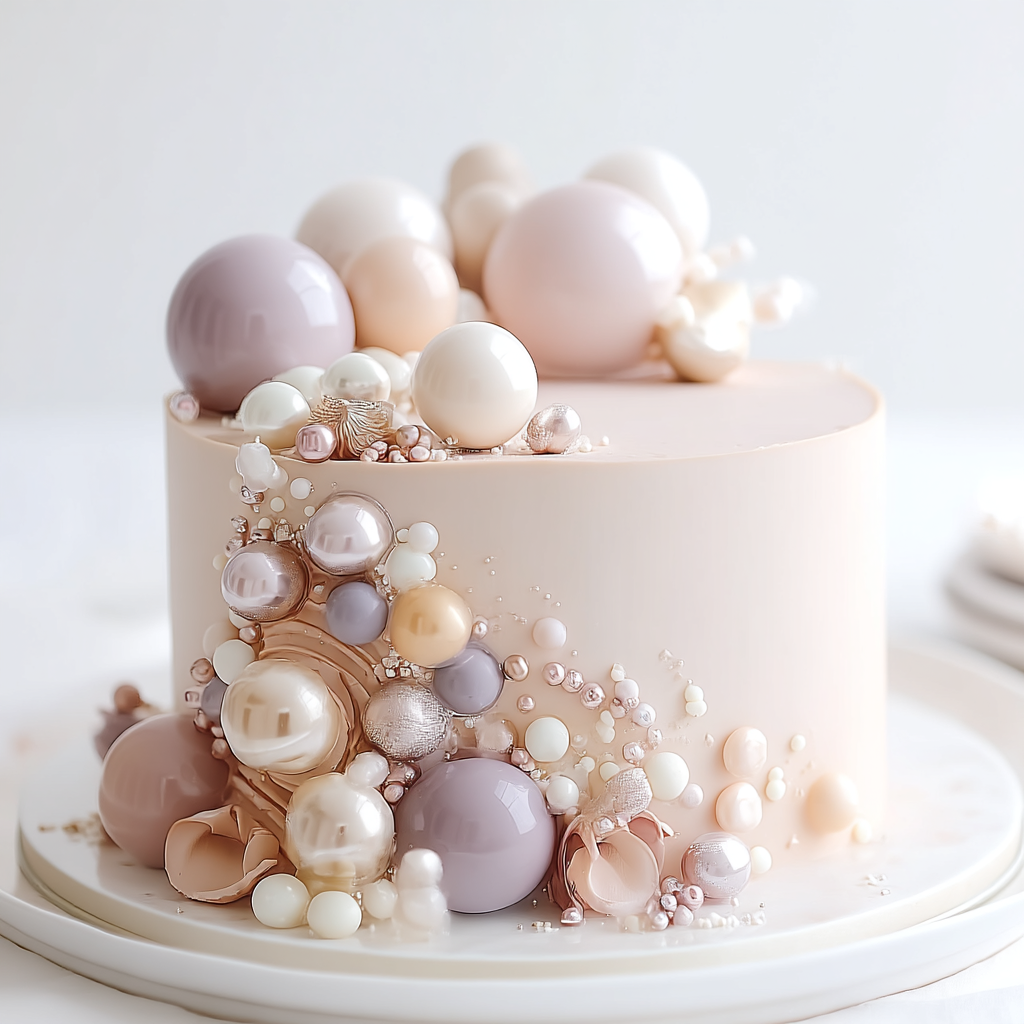 Gâteau élégant décoré de perles et sphères en chocolat aux tons pastel