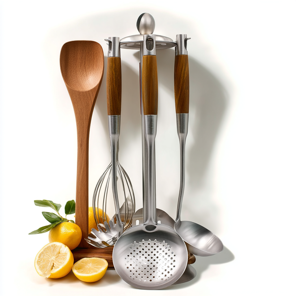 Ustensiles de cuisine en inox et bois : fouet, louche, écumoire et cuillère en bois