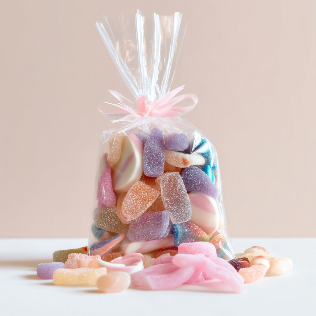 Sachet transparent pour bonbons et confiseries avec fermeture décorative
