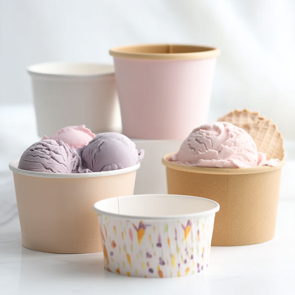Pots à glace en carton de différentes tailles et couleurs
