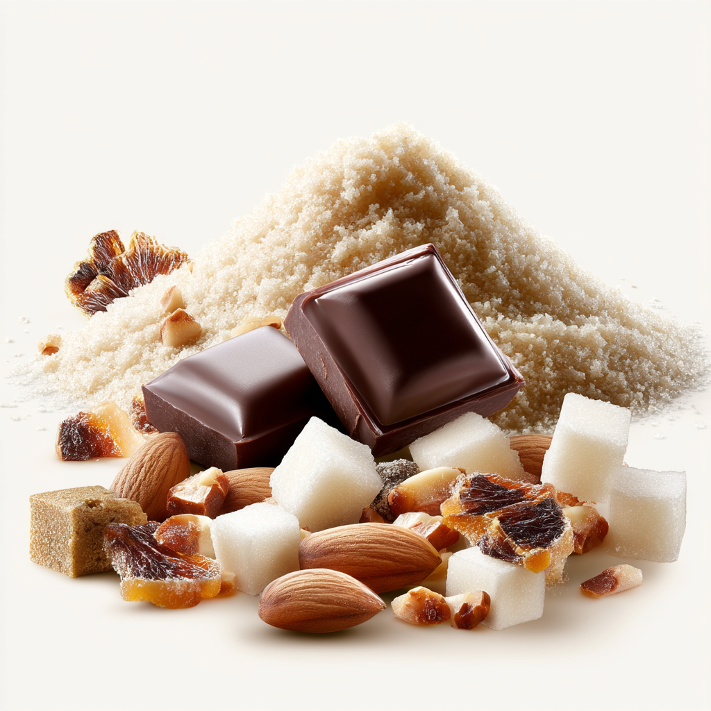 Ingrédients de pâtisserie : chocolat, sucre, amandes et fruits secs