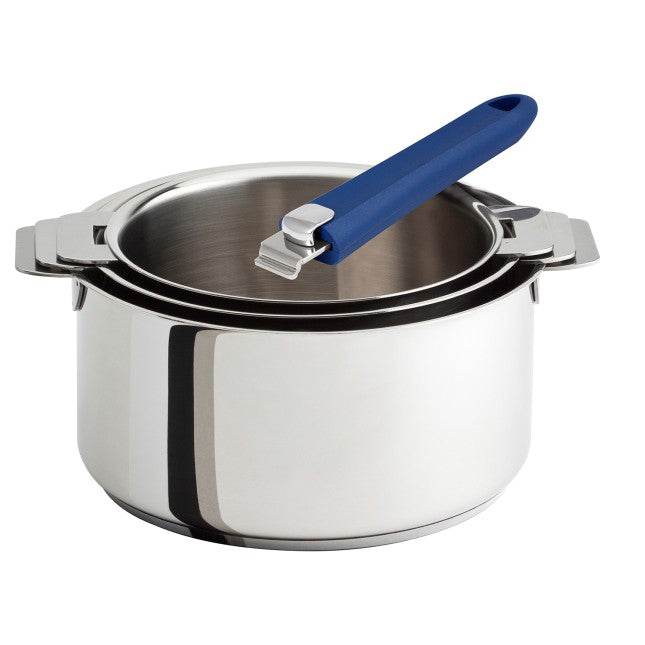 Lot de 3 casseroles en inox Cristel avec poignée amovible bleue