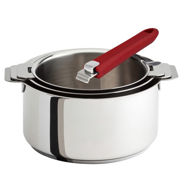 Lot de 3 casseroles en inox Cristel avec poignée amovible rouge framboise