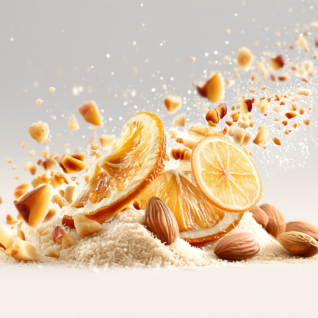 Ingrédients pour pâtisserie aux agrumes et fruits secs : orange, amandes et poudre d’amande