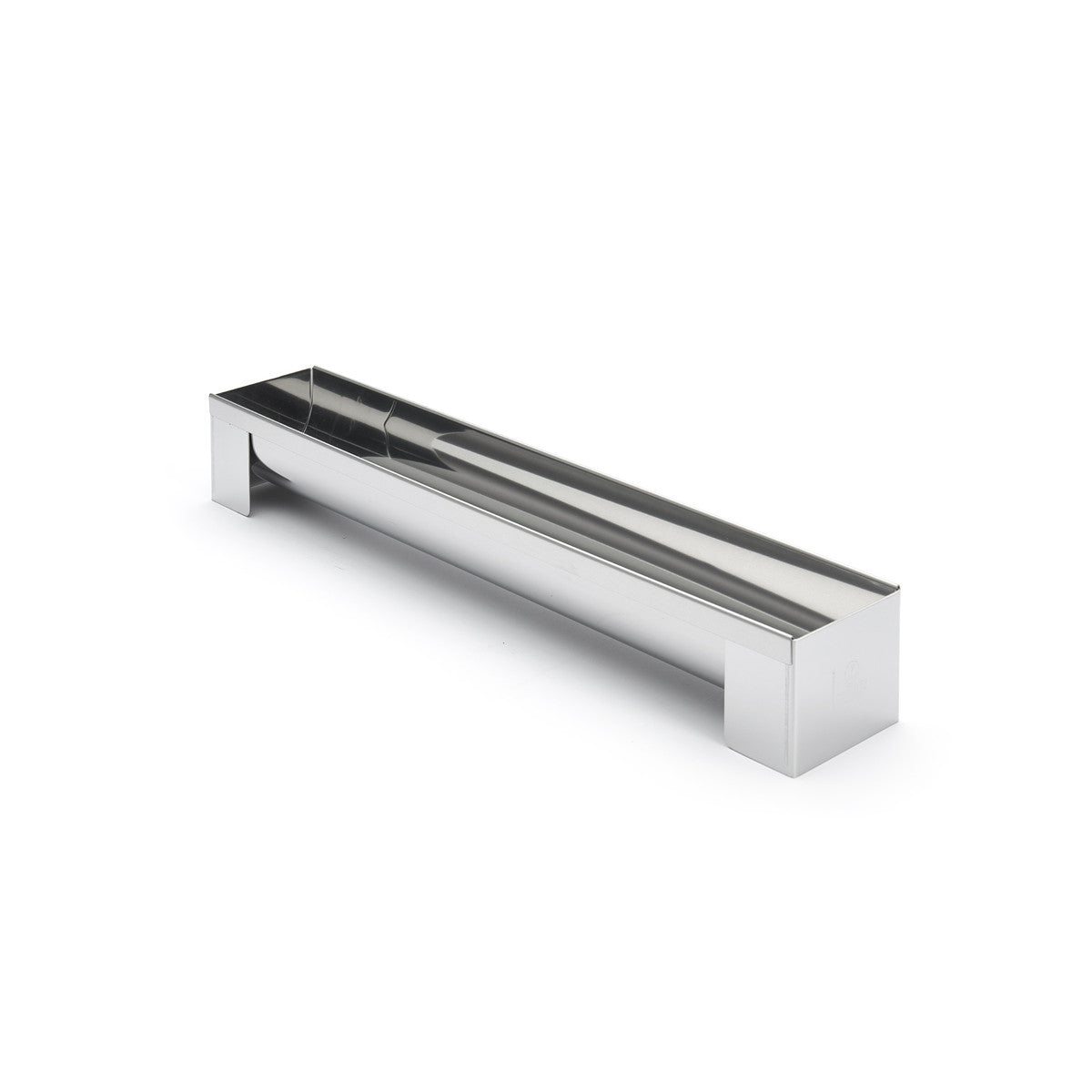 Gouttière à bûche ronde en inox vue de trois quarts