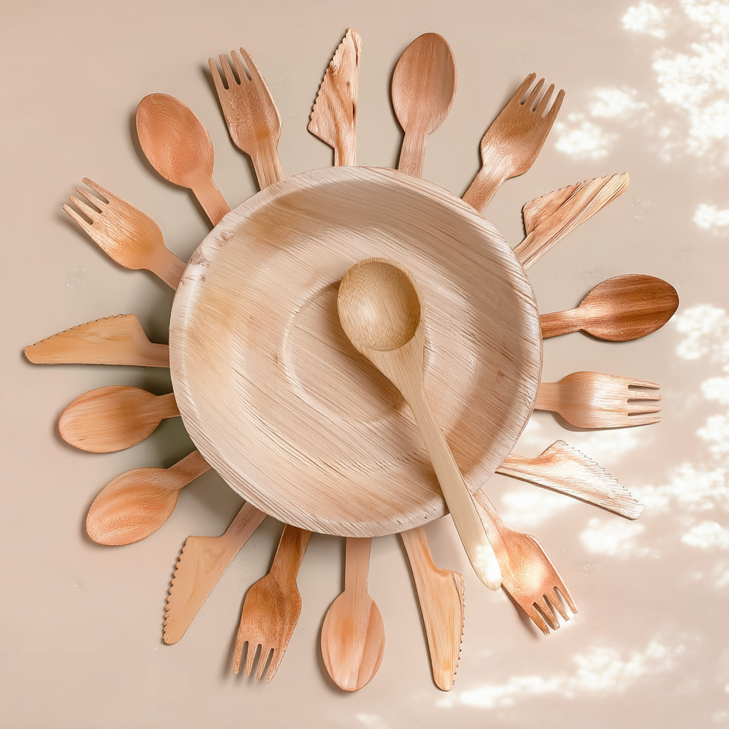 Vaisselle et couverts jetables en bois naturel