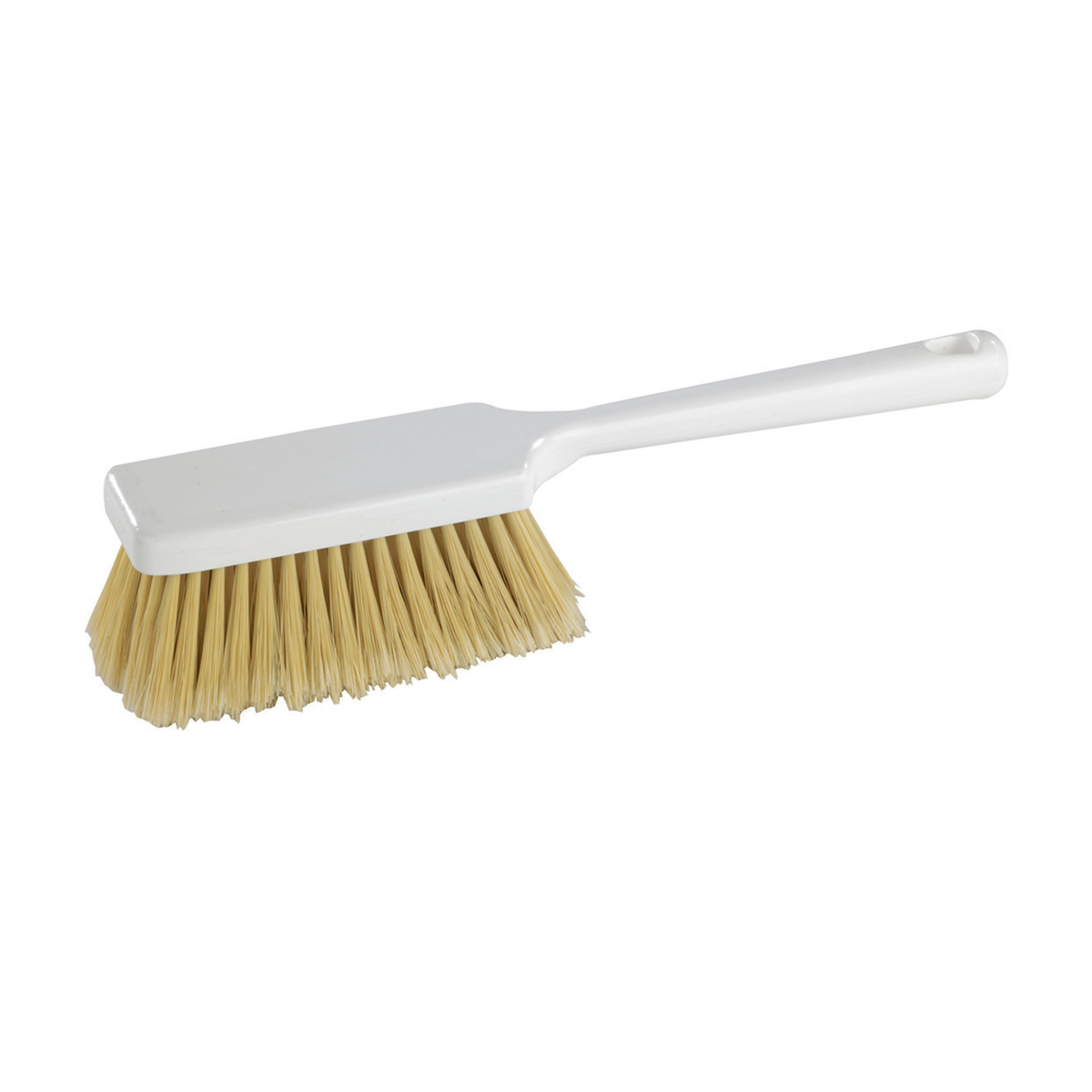 Brosse droite de nettoyage alimentaire à manche blanc et fibres naturelles pour cuisine et pâtisserie professionnelles
