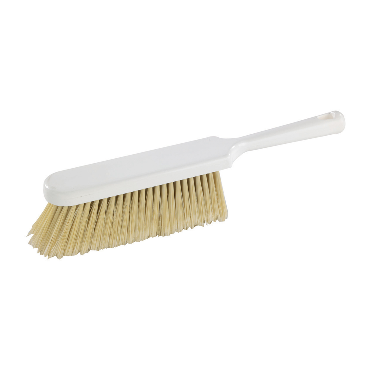 Brosse droite de nettoyage alimentaire à manche blanc et fibres naturelles pour cuisine et pâtisserie professionnelles
