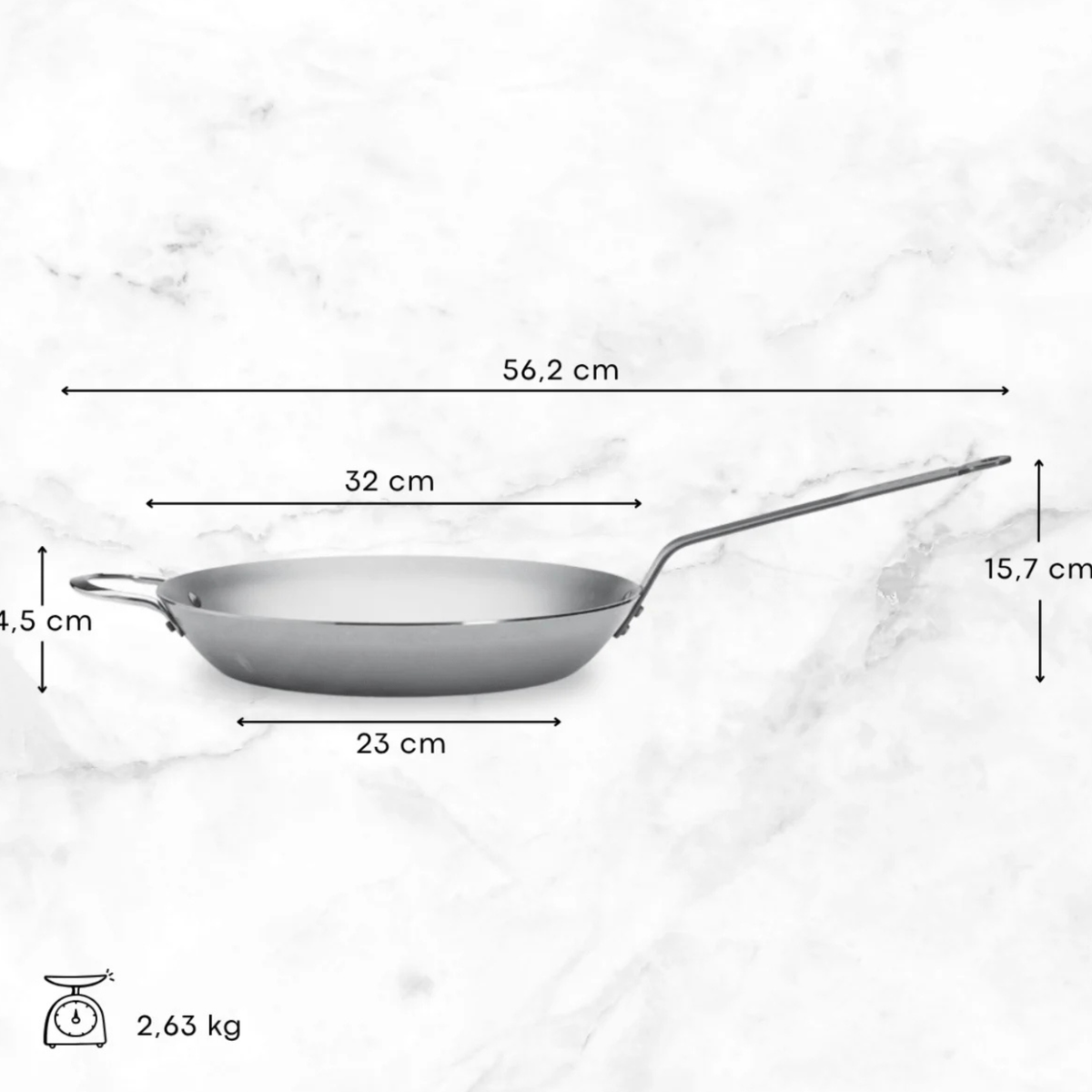 Poêle en acier avec poignée latérale – dimensions 32 cm