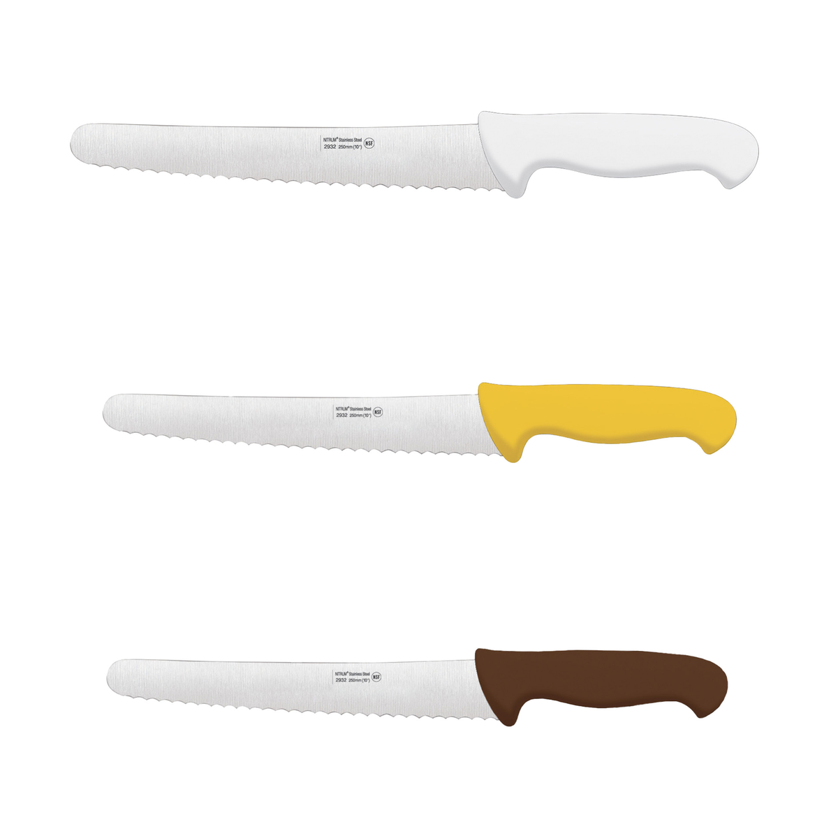 Couteaux à pain à lame dentelée avec manches blanc, jaune et marron