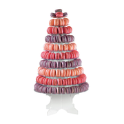 Présentoir pyramide à macarons transparent à plusieurs étages, garni de macarons colorés