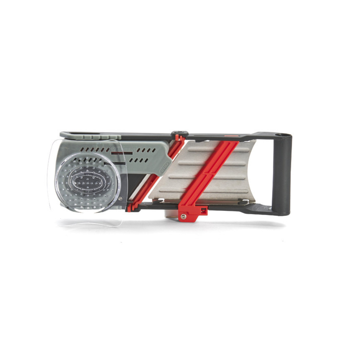 Dessous de mandoline avec mécanisme de coupe et poussoir transparent