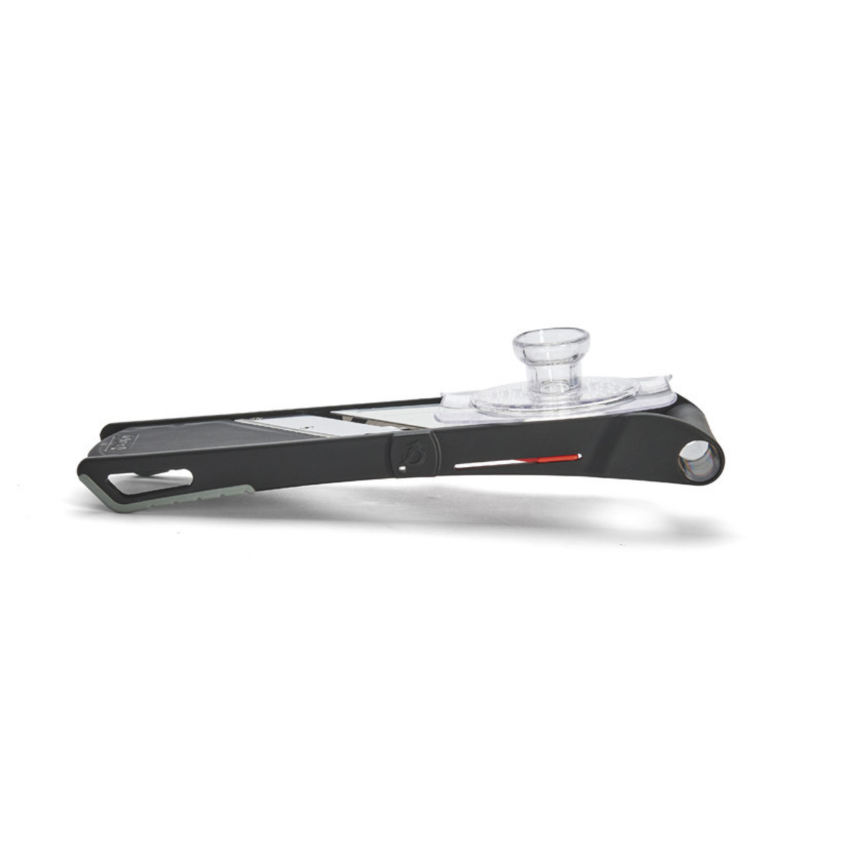 Mandoline noire vue de profil avec poussoir transparent