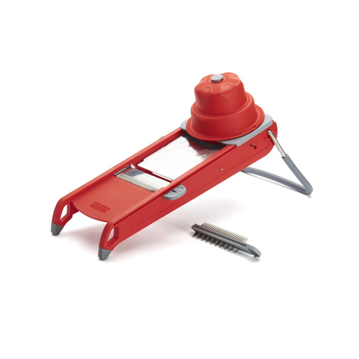 Mandoline professionnelle rouge avec poussoir et peigne de coupe