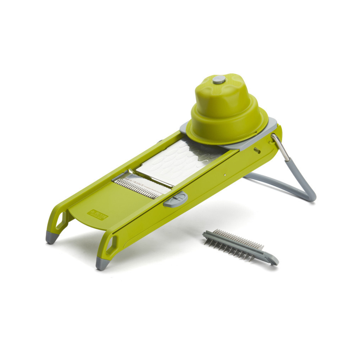Mandoline professionnelle verte avec poussoir et peigne de coupe