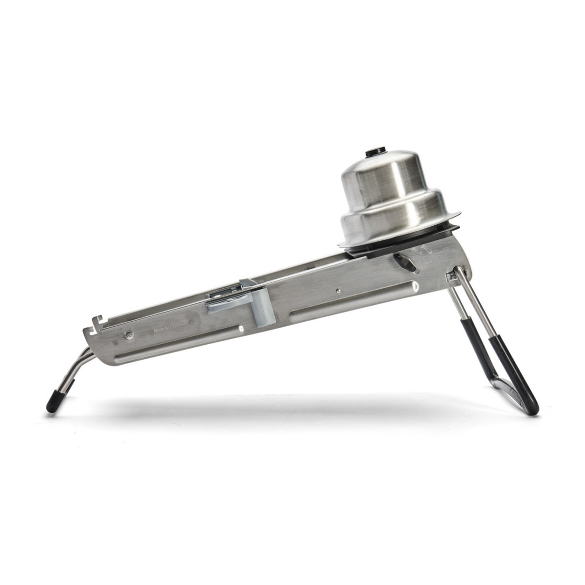 Mandoline professionnelle en inox vue de côté avec poussoir