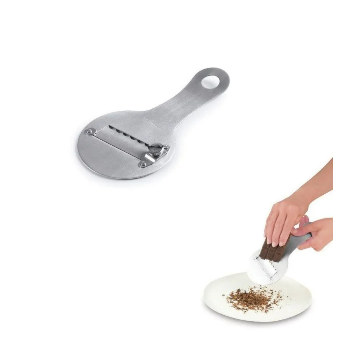 Râpe à truffe en inox utilisée avec du chocolat