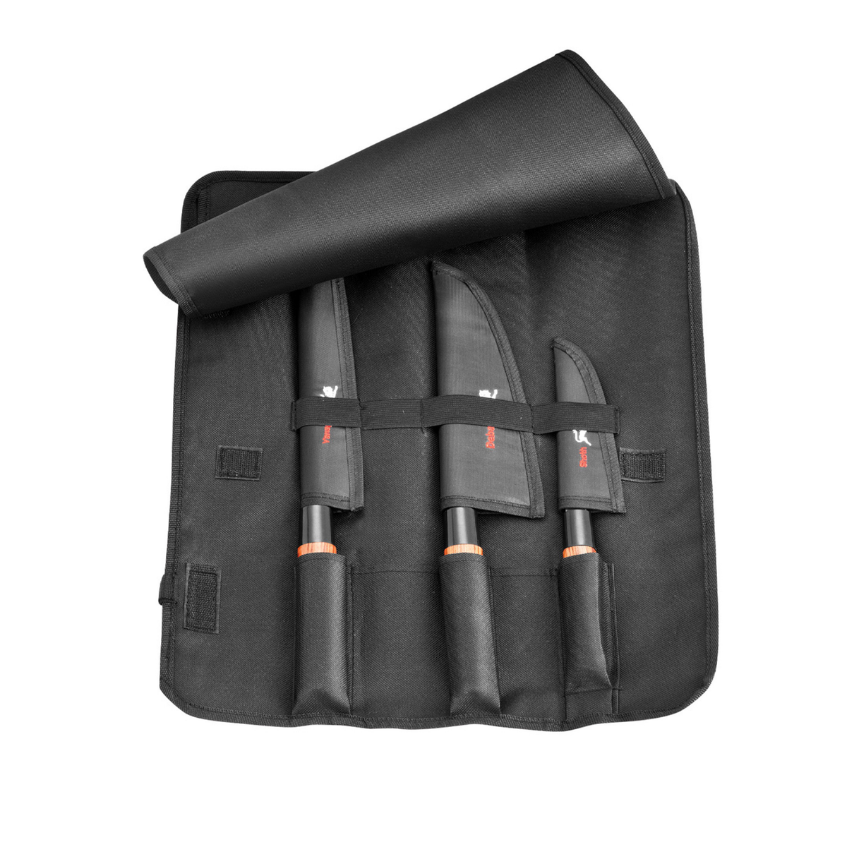 Trousse à couteaux Samura ouverte avec 3 couteaux protégés