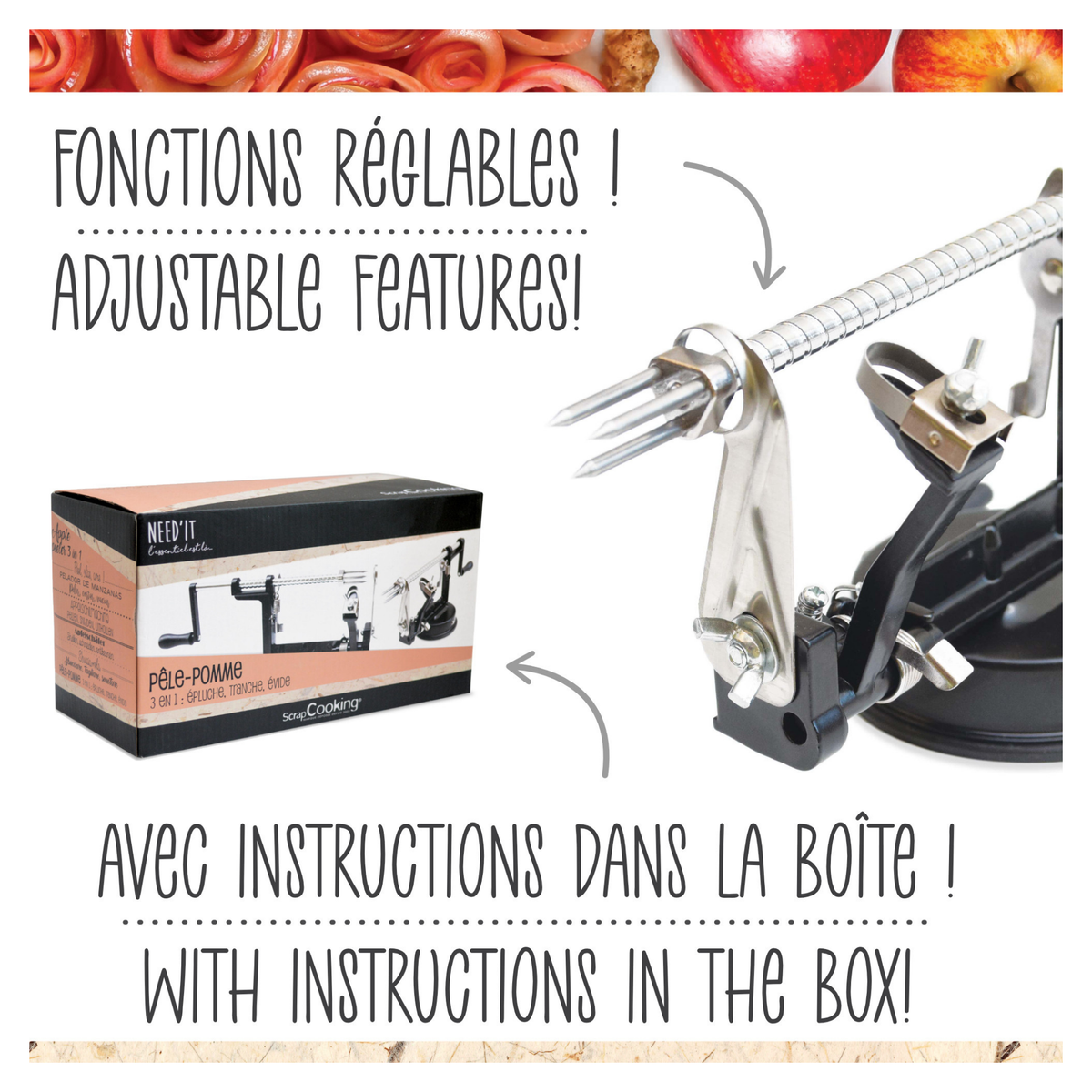 Pèle-pomme 3-en-1 avec fonctions réglables
