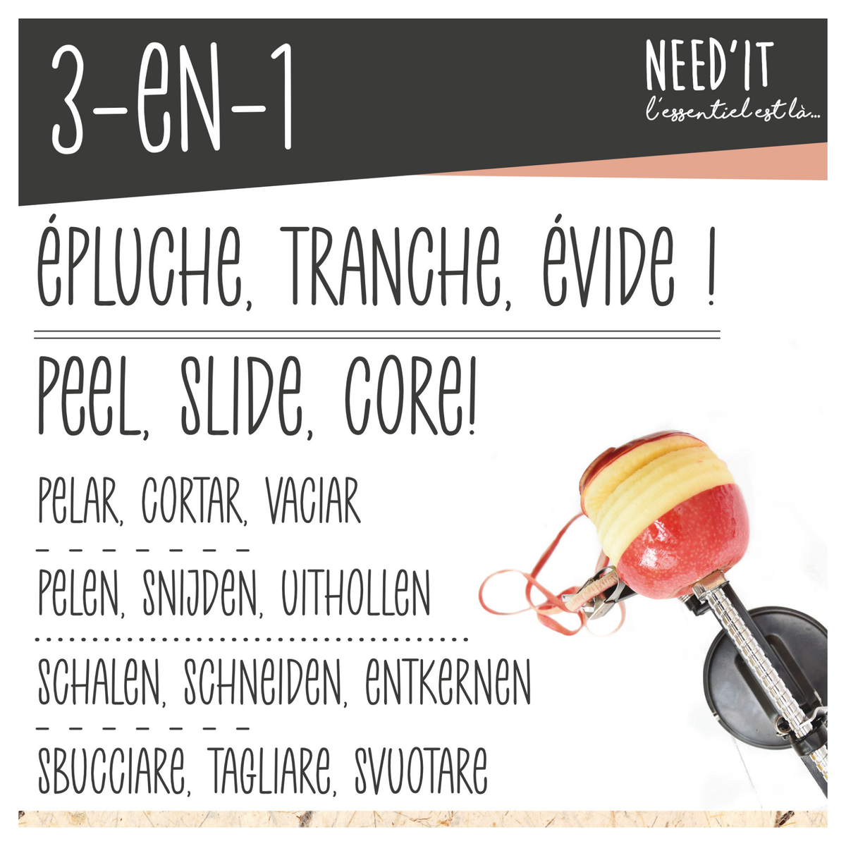Pèle-pomme pour éplucher, trancher et évider