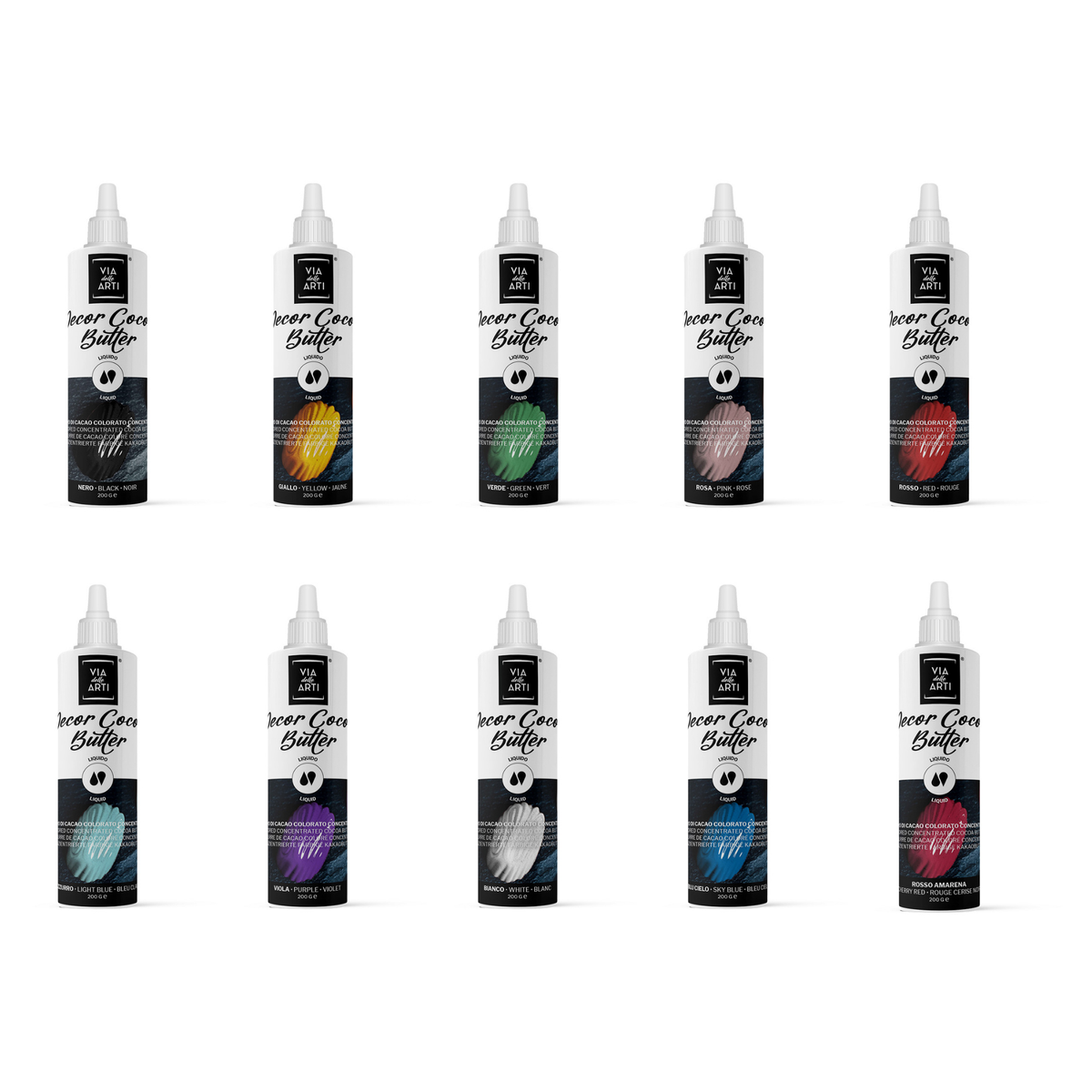 ensemble de bouteille de colorant beurre cacao multicolore