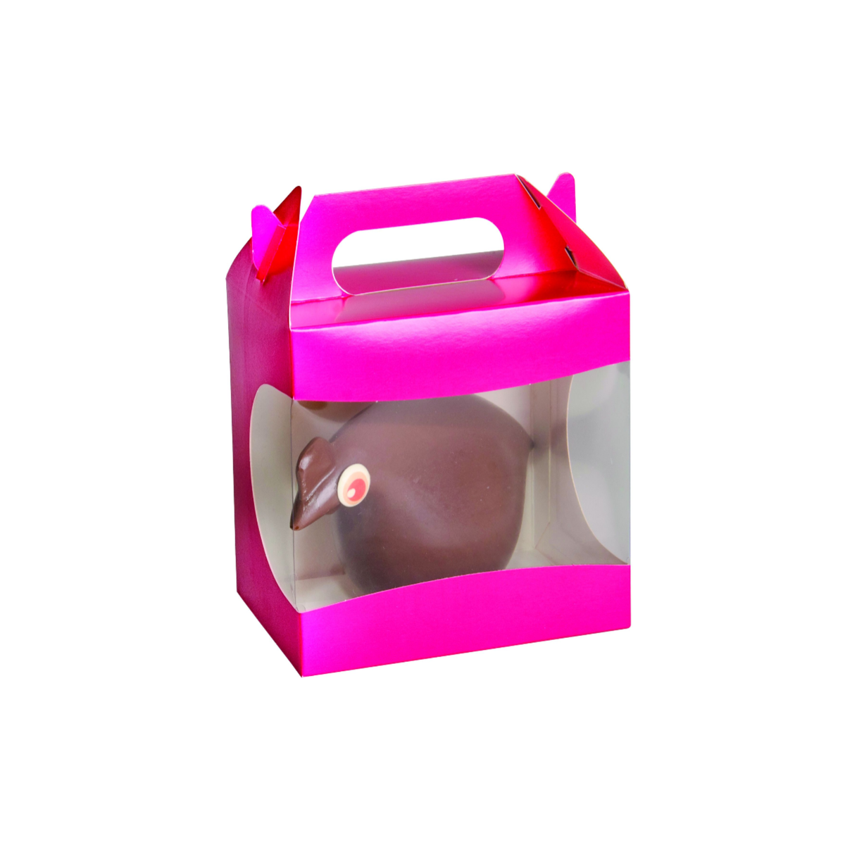 Boîte à poignée rose avec fenêtre transparente pour œuf de Pâques en chocolat
