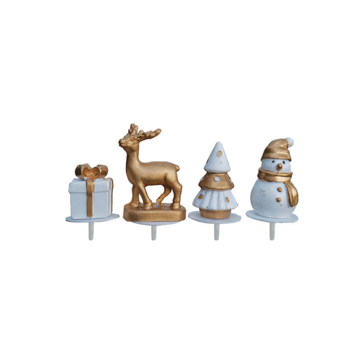 Décorations à piquer de Noël dorées et blanches avec cadeau, renne, sapin et bonhomme de neige

