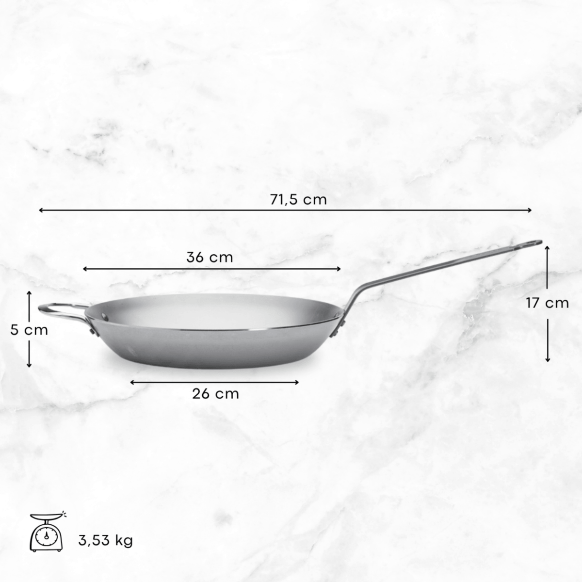 Poêle en acier avec poignée latérale – dimensions 36 cm