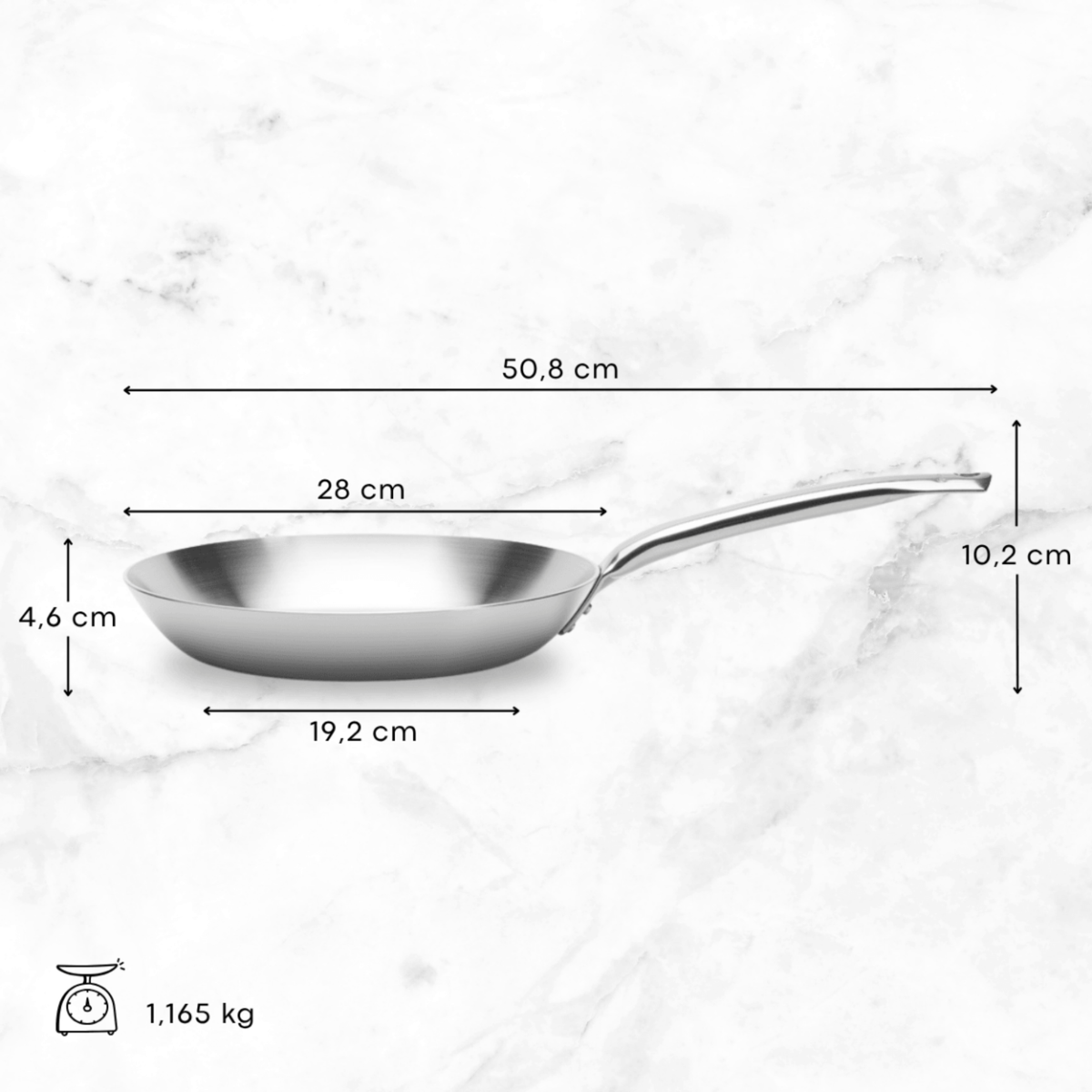 Dimensions de la poêle en inox De Buyer 28 cm